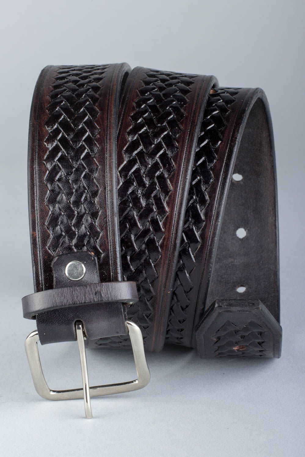 Handmade dark genuine leather men's belt with steel buckle and embossing photo 3