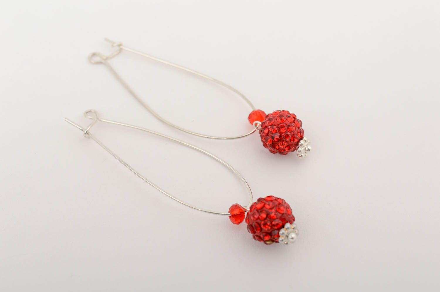 Handmade exquisite long dangle earrings with metal basis and red crystal beads photo 2