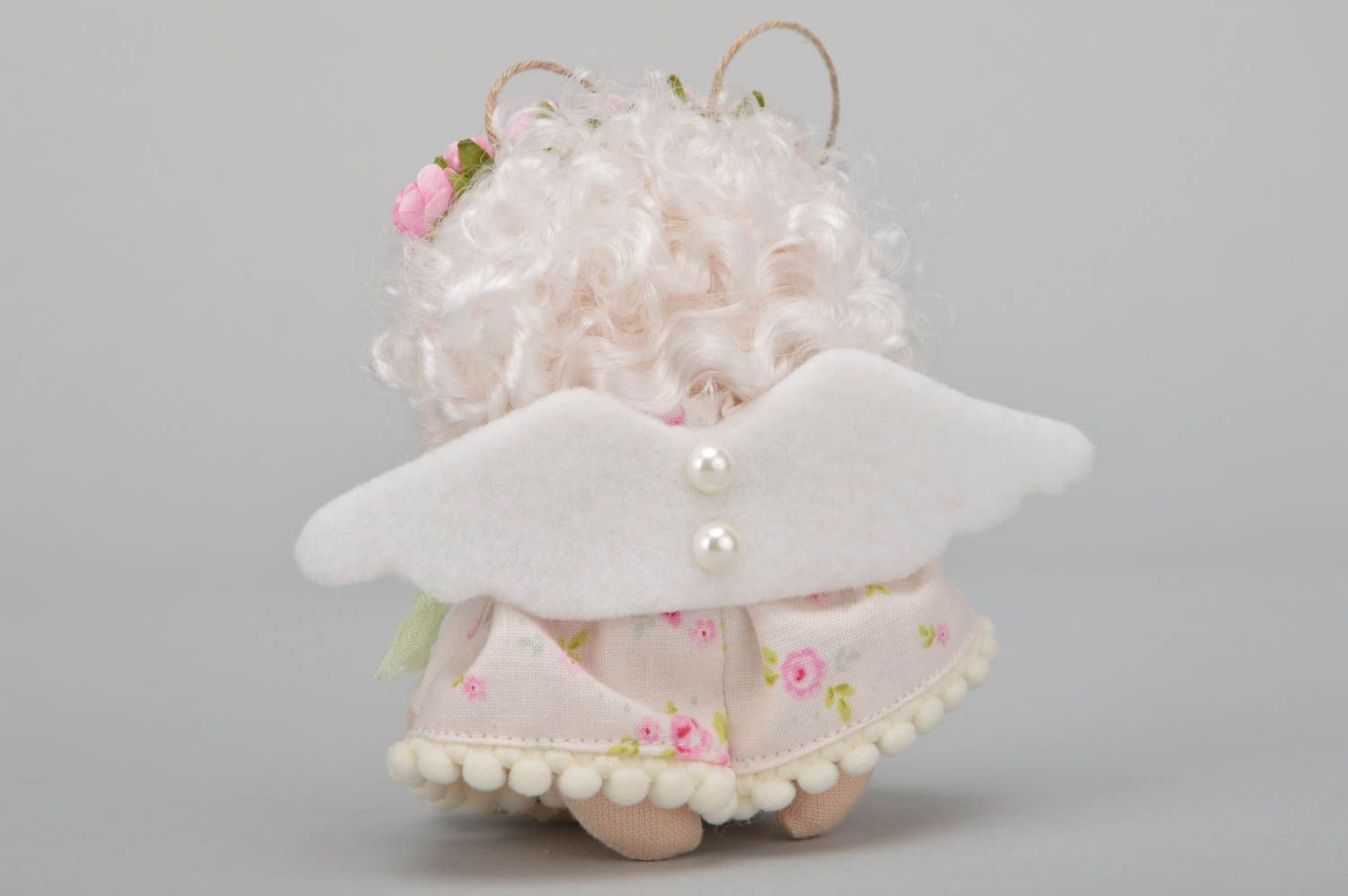 Beautiful small handmade fabric soft doll with wings and wreath interior hanging photo 5