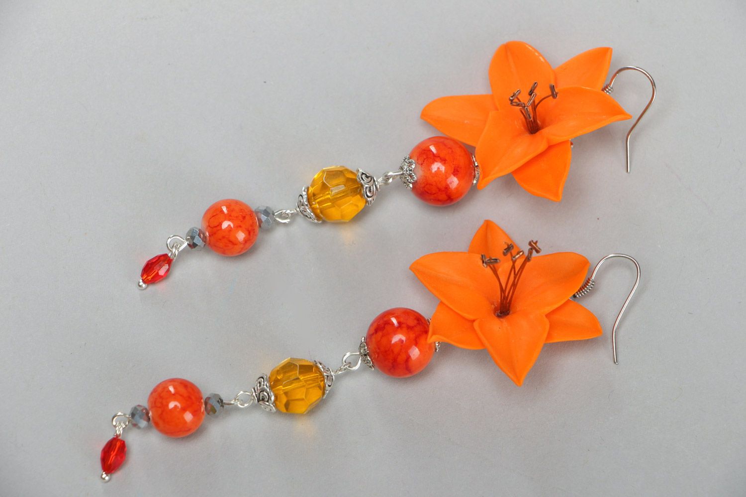 Handmade designer orange long earrings made of polymer clay present for girl photo 2