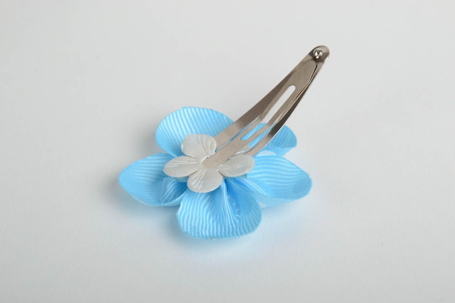 Homemade small decorative hair clip with ribbon flower in blue color with dots photo 3