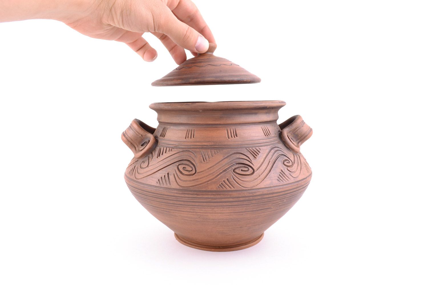 Handmade large pot with lid molded of red clay for 2 l kilned with milk photo 2