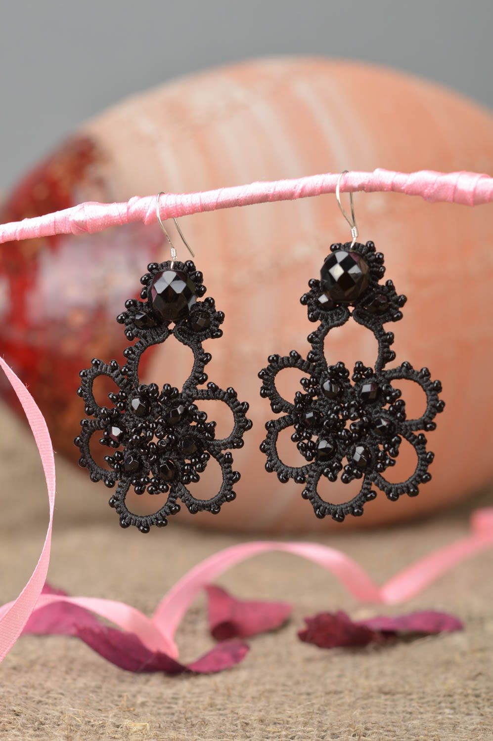 Handmade elegant beautiful evening black earrings made using tatting technique photo 1