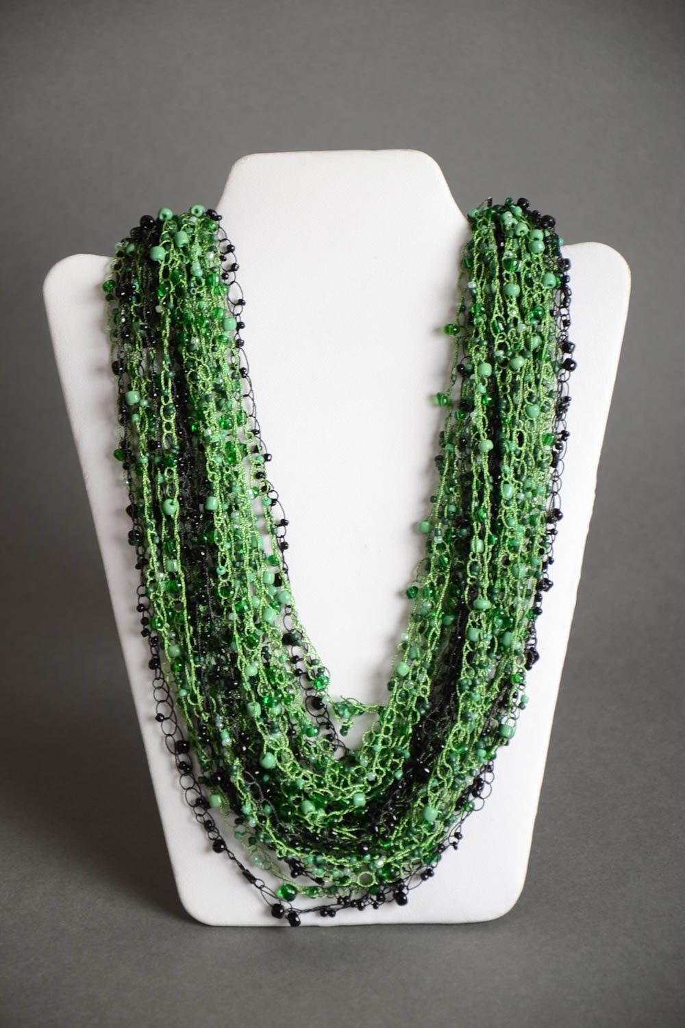 Handmade tender green and black airy multi row necklace crocheted of Czech beads photo 2