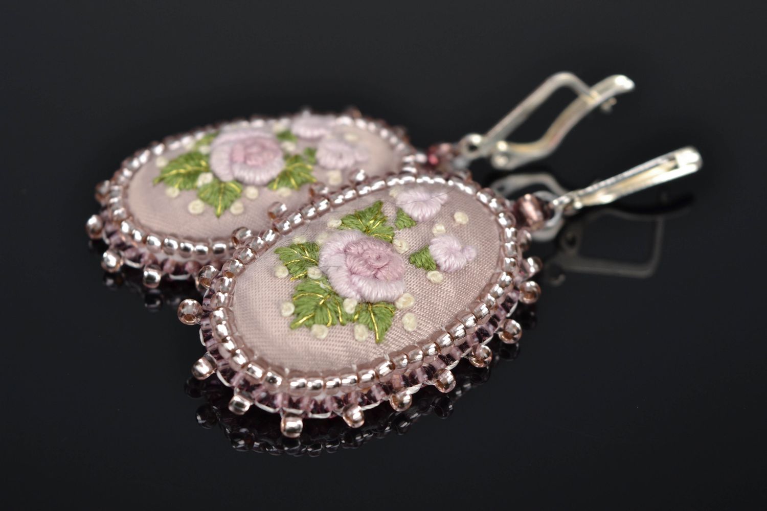 Handmade oval embroidered earrings with beads Nacre photo 1