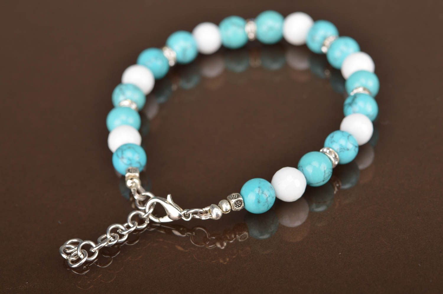 Women's handmade designer woven wrist bracelet with white and turquoise beads photo 4