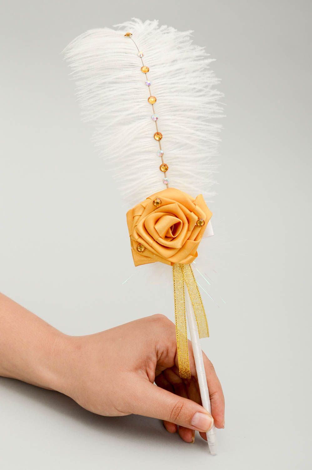 Свадебный аксессуар ручной работы ручка с перьями красивая ручка с цветком фото 5