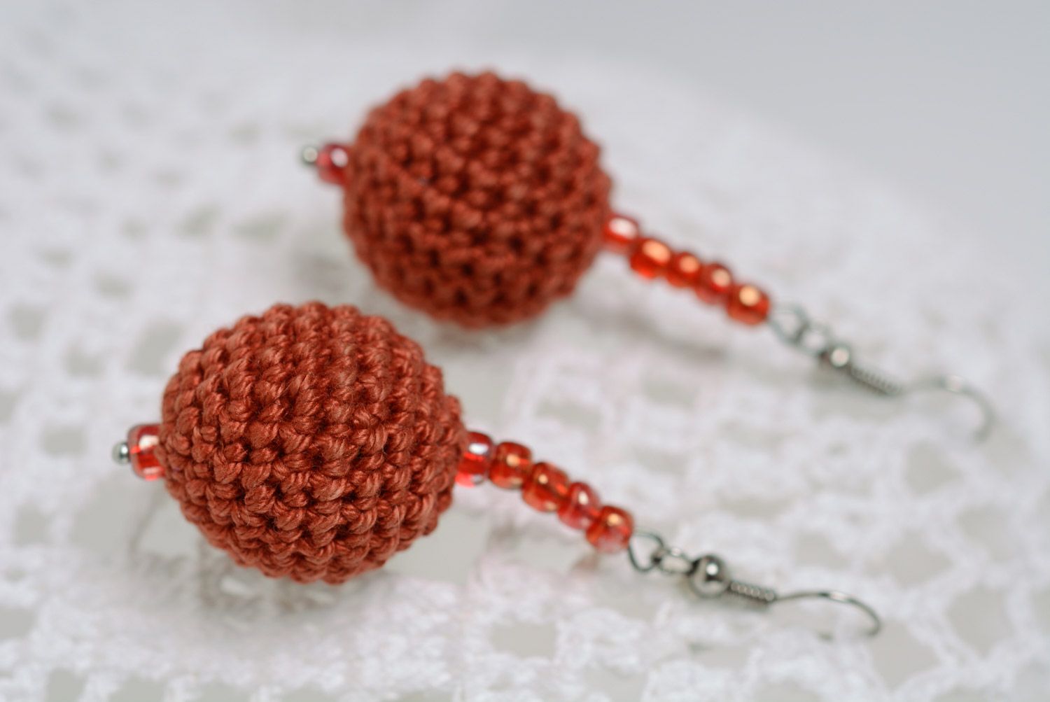 Handmade round dangle earrings crocheted of terracotta cotton threads for women  photo 1