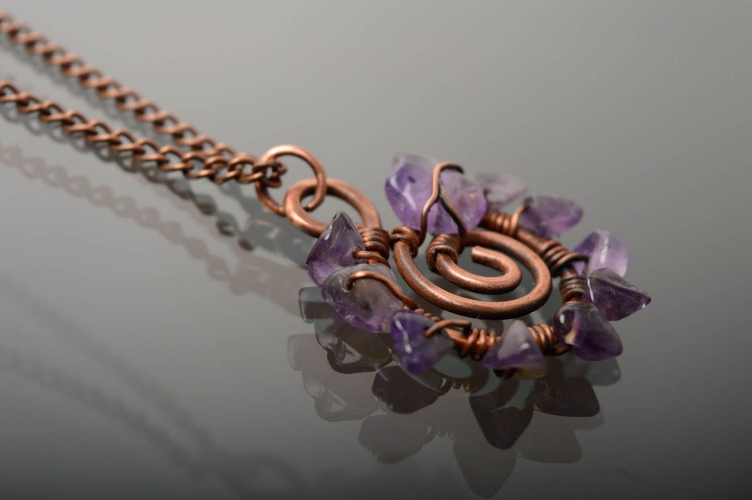 Wire wrap copper pendant with amethyst The Sun photo 5