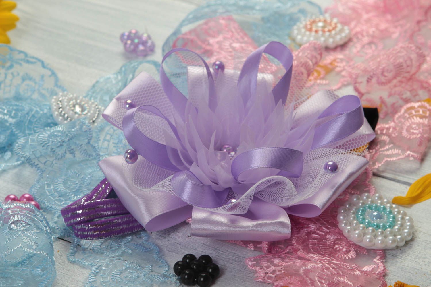 Banda para el cabello artesanal regalo para niñas adorno para el pelo color lila foto 1