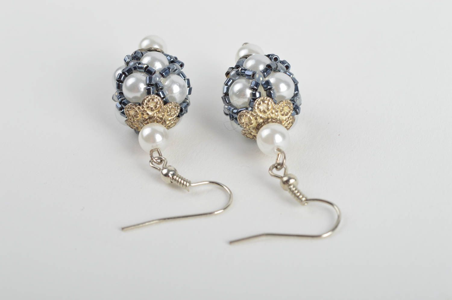 Handmade designer dangle earrings with faux pearls and blue beads photo 5