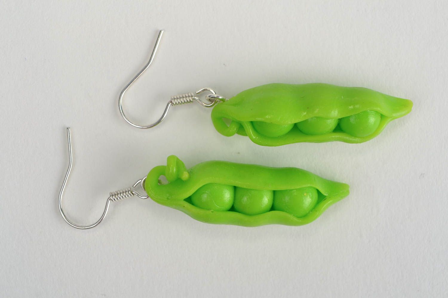 Unusual handmade polymer clay earrings of lime color Pea Pods photo 4