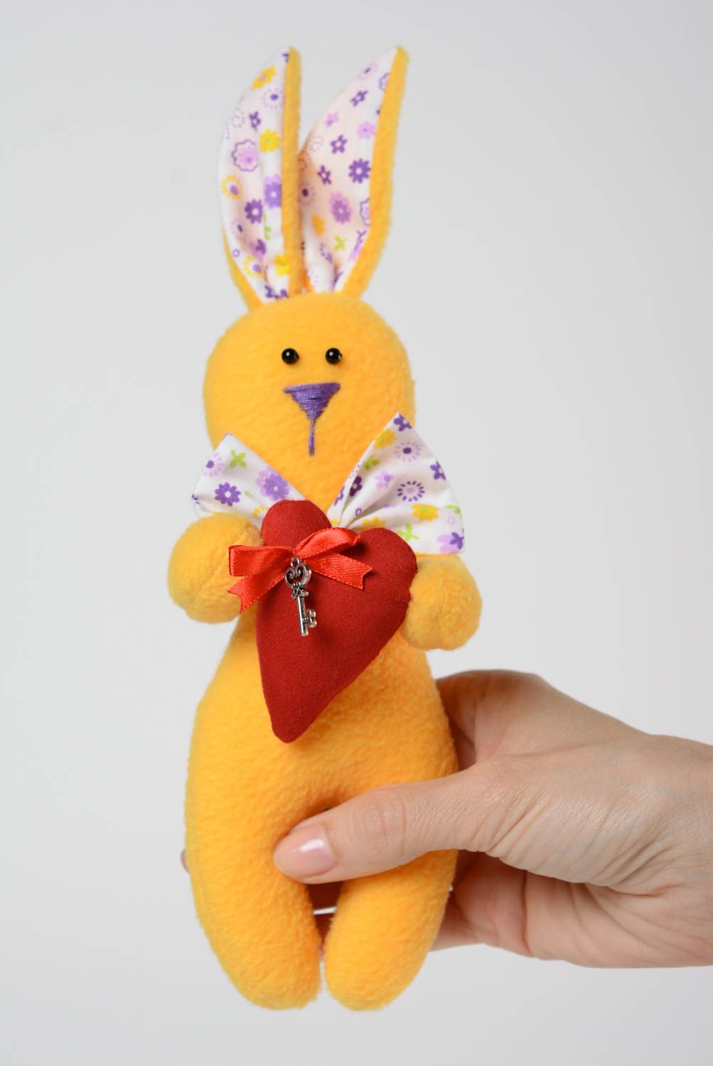 Handmade fleece soft toy bright yellow rabbit with bow tie and red soft heart photo 5
