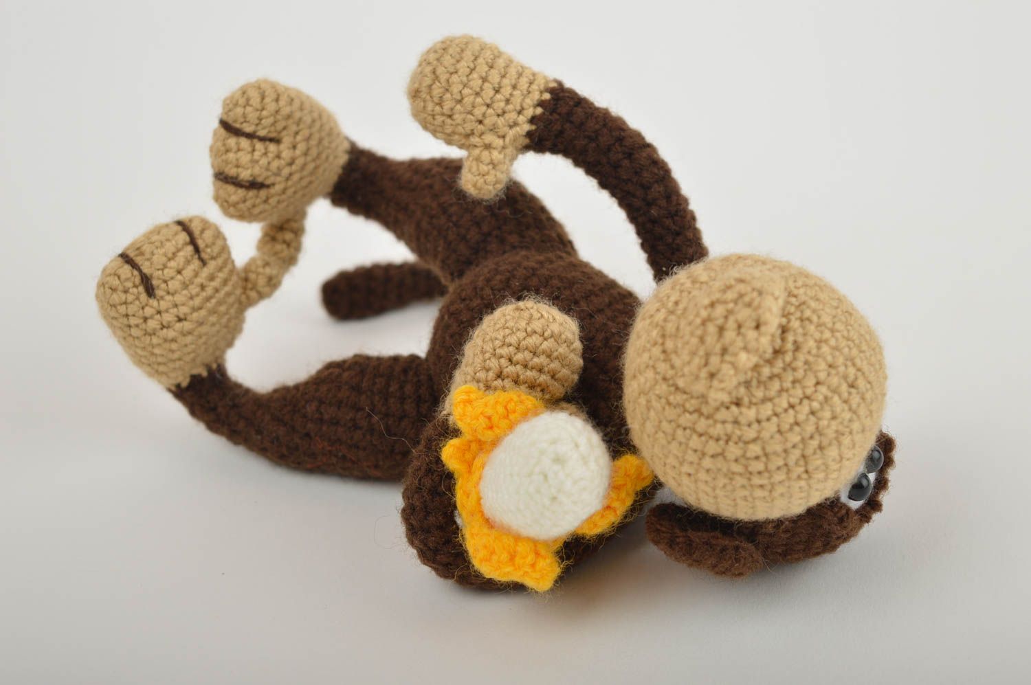 Knitted little 6 inches stuffed monkey in brown, yellow, beige colors photo 4