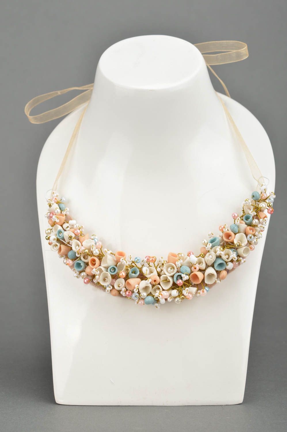 Handmade Blumen Collier aus Polymer Ton mit Bändern originell schön Halskette foto 5