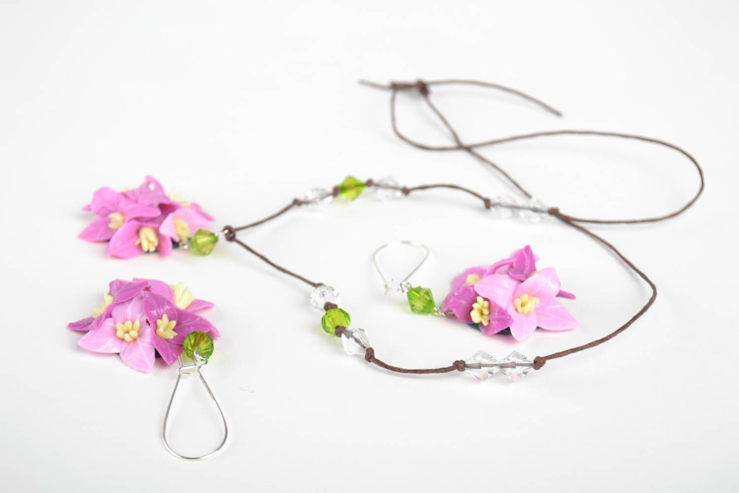Handmade flower jewelry set dangling earrings pendant necklace polymer clay photo 4