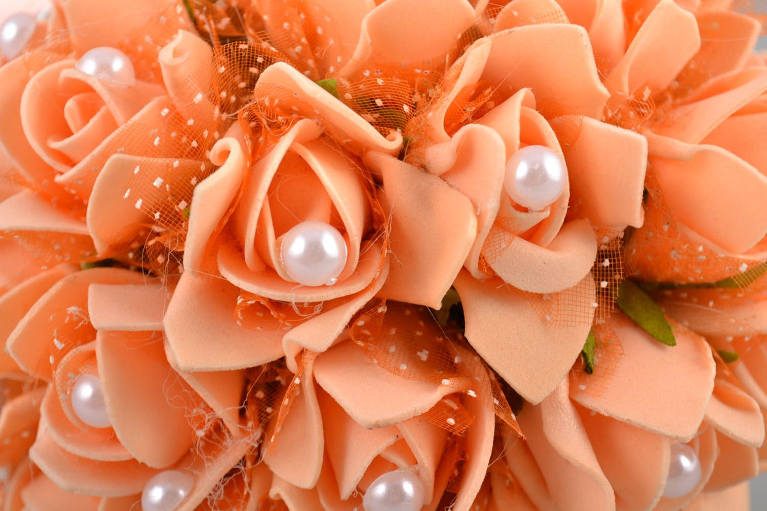 Handmade cute orange wedding bouquet made of foamiran with beads and ribbons photo 2