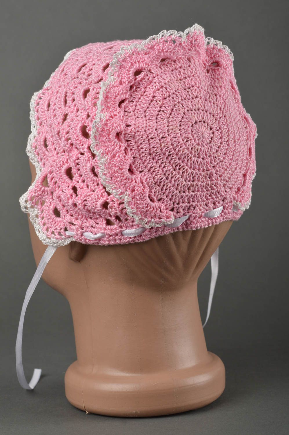Béguin bébé fait main Bonnet enfant rose tricot au crochet Vêtement bébé photo 2