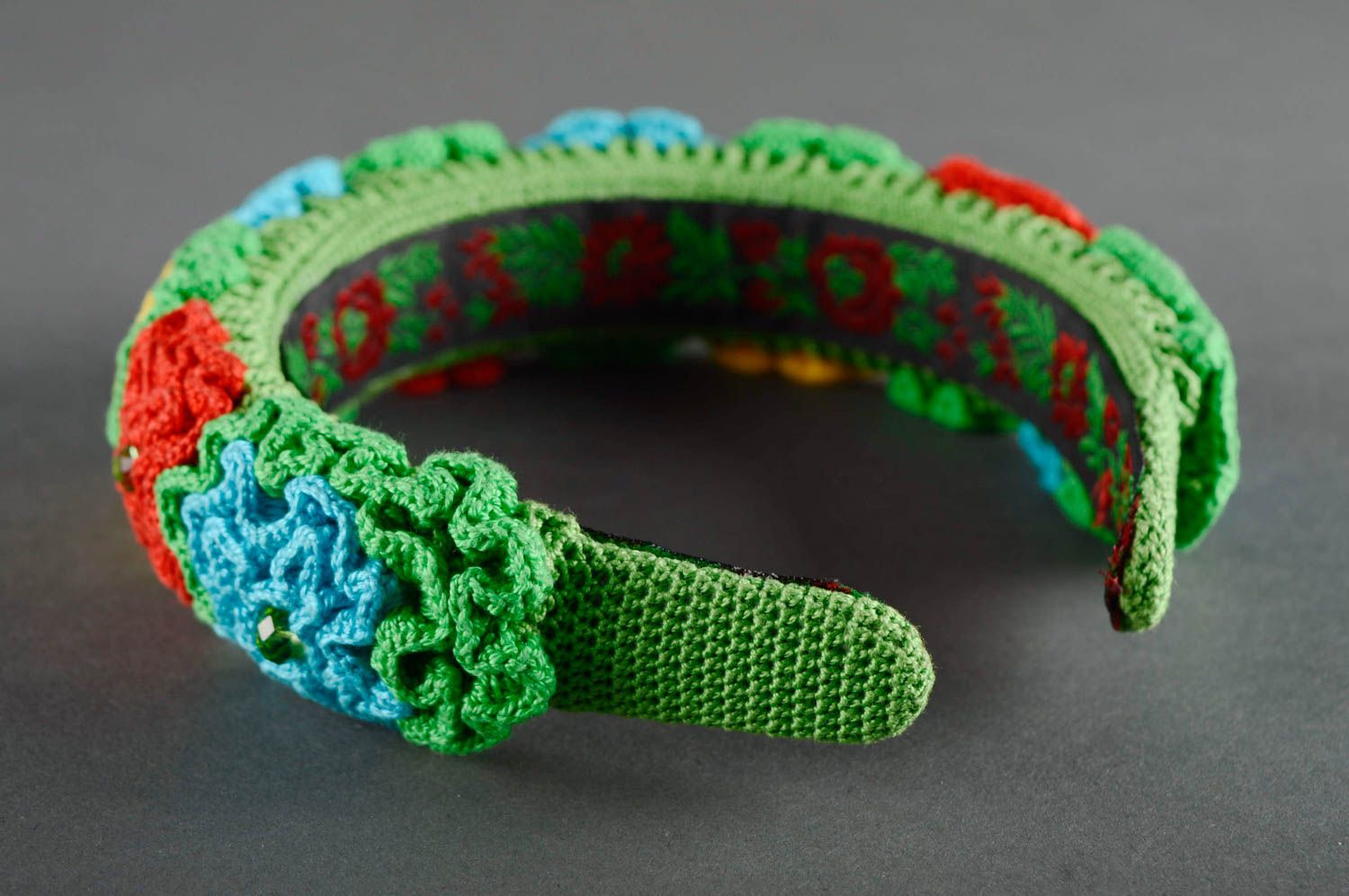 Colorful headband with crochet flowers and beads photo 4