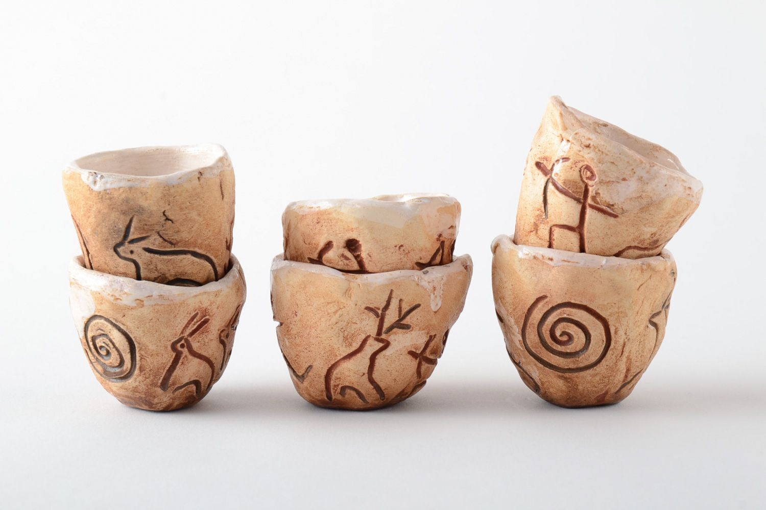 Petits verres en argile de poterie faits main couverts de glaçure 6 pièces photo 2