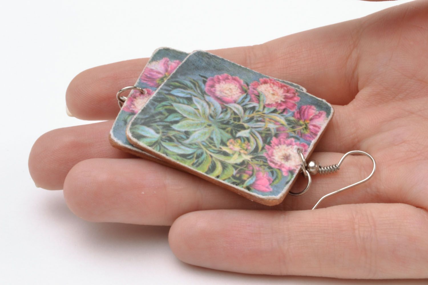 Square earrings made of polymer clay Peonies photo 2