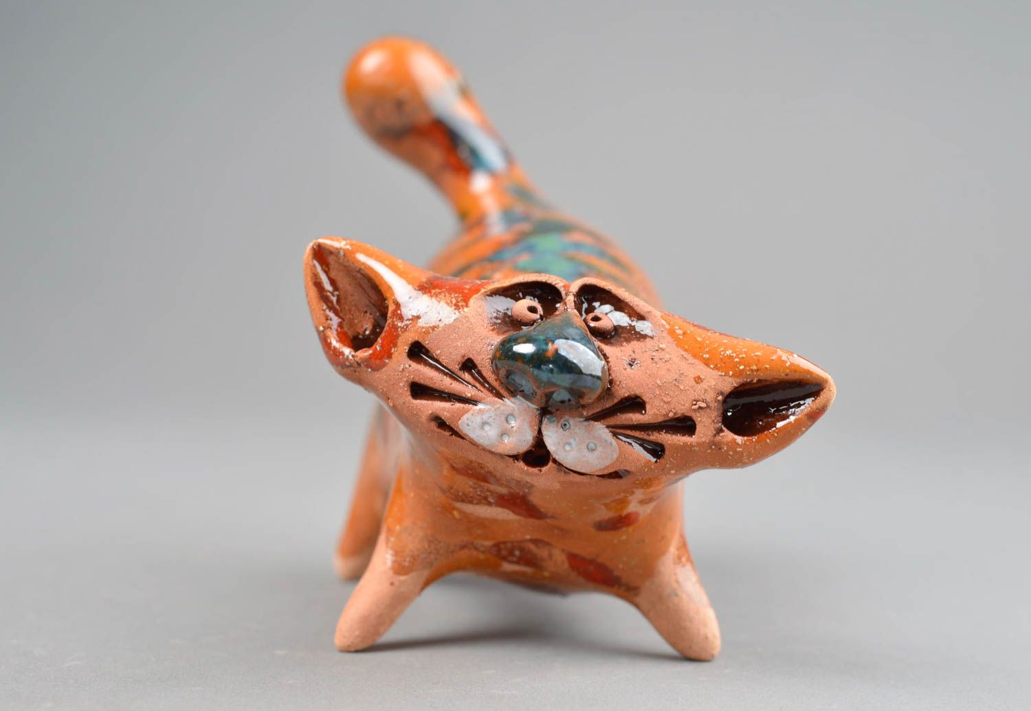 Figurine en argile faite main peinte de glaçure colorée Gros chat orange photo 3