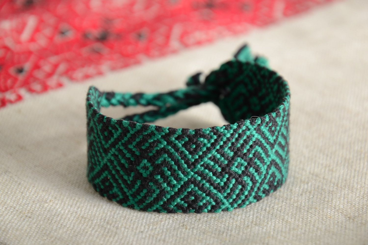 Handmade broad friendship wrist bracelet woven of embroidery floss of green color photo 1