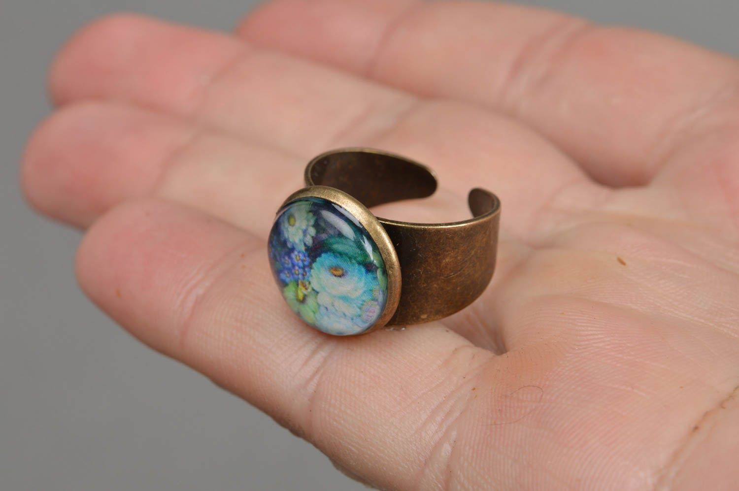 Beautiful bright handmade large decoupage ring with print coated with epoxy photo 4