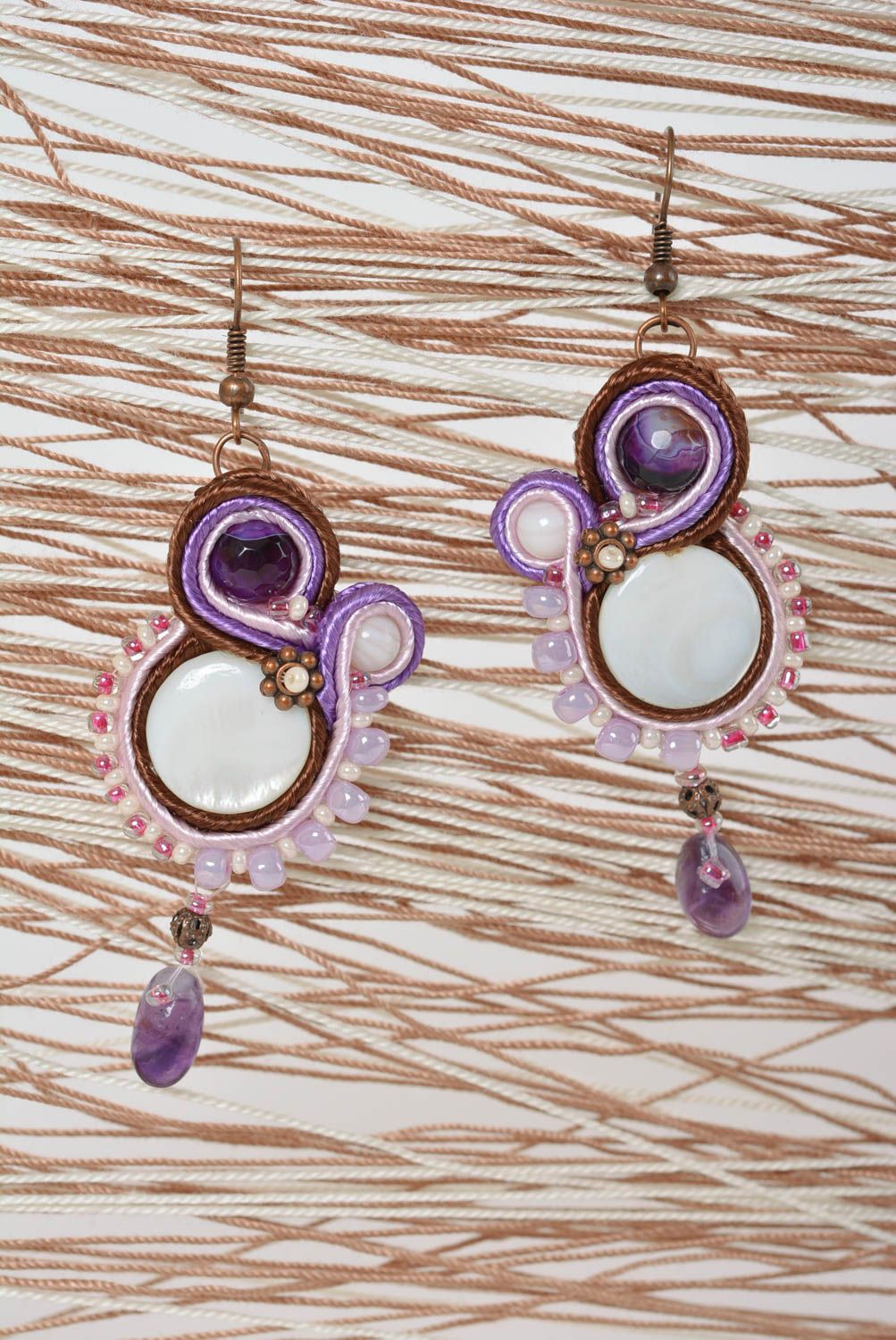 Soutache earrings handmade earrings evening accessories with amethyst stones photo 1