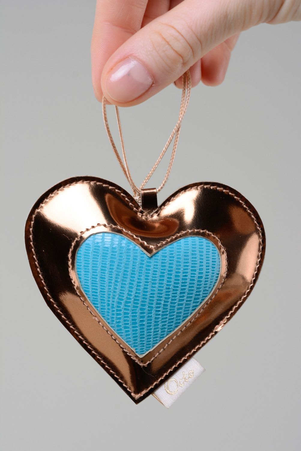 Leather bag charm or keychain Golden Heart photo 2