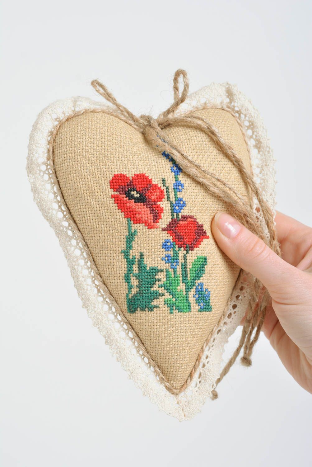 Handmade decorative wall hanging soft fabric heart with embroidered poppies photo 5