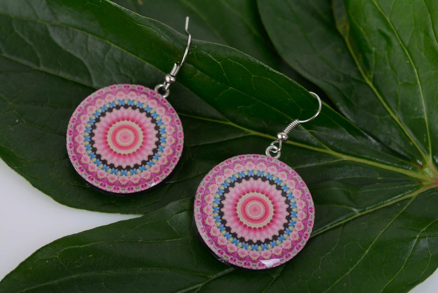 Round earrings with pink polymer clay handmade accessory for every day photo 3