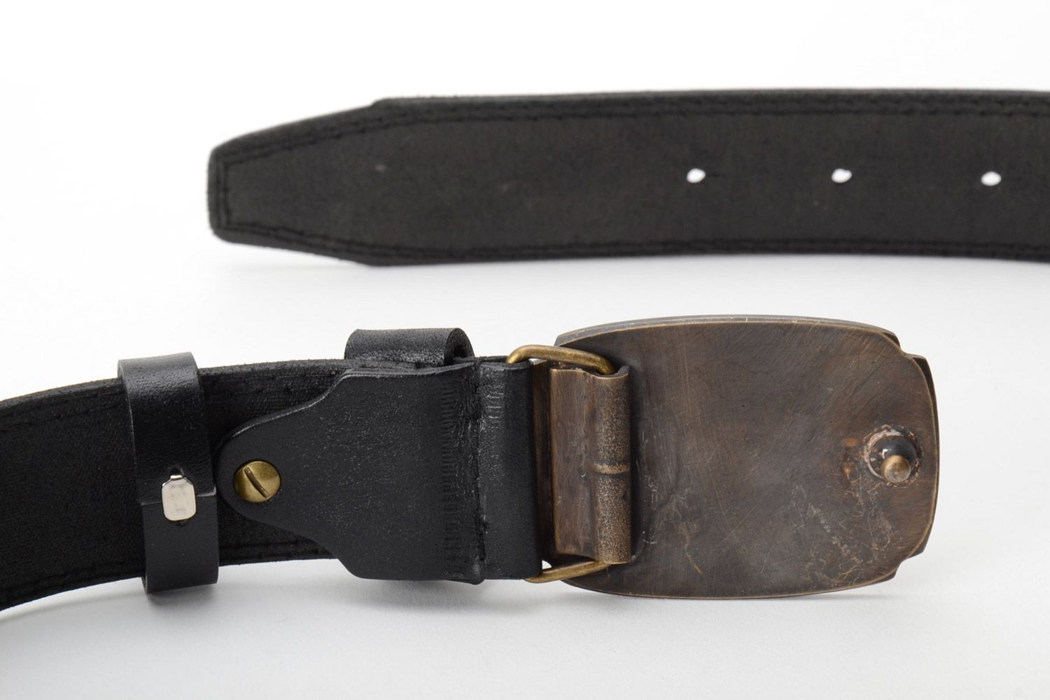 Handmade stamped genuine leather belt with brass buckle photo 3