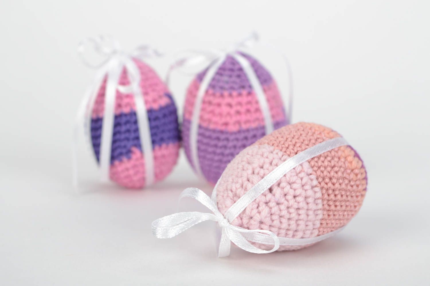 Set of handmade soft Easter eggs crocheted of cotton and wool 3 pieces photo 3