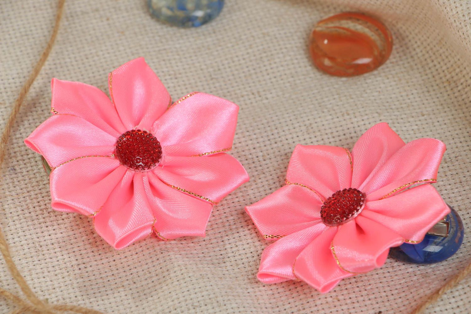 Set of handmade pink and red satin ribbon flower hair clips 2 pieces photo 1