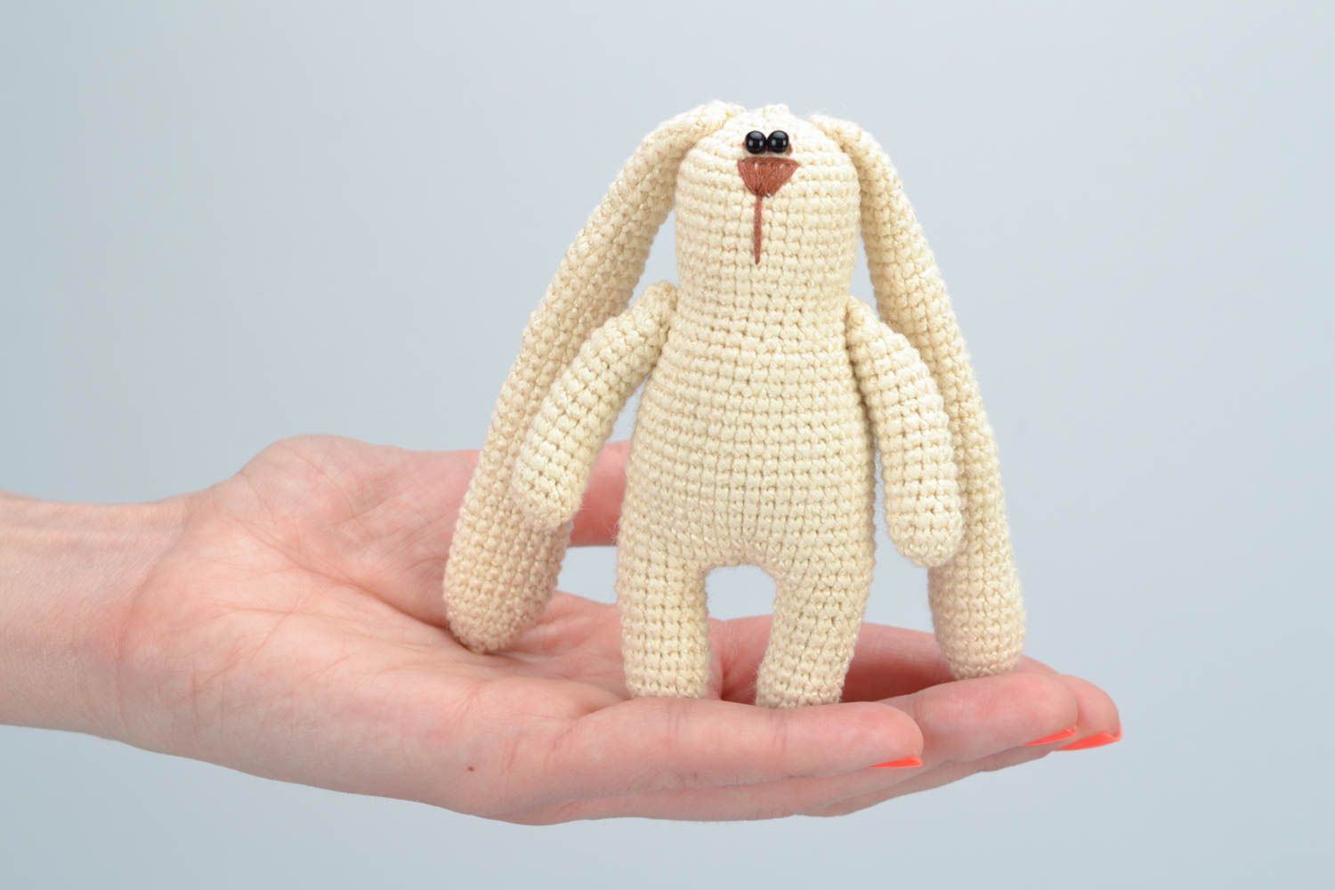 Beige nice handmade crochet soft toy hare with long ears  photo 2