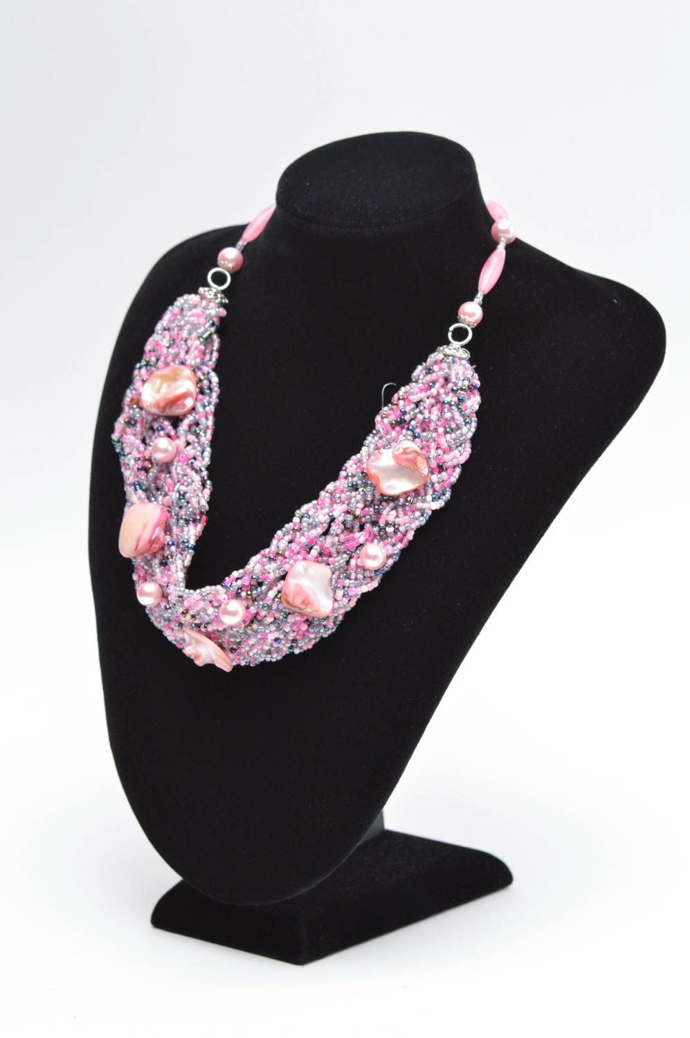 Украшение ручной работы розовое ожерелье из бисера необычное колье из бисера фото 5