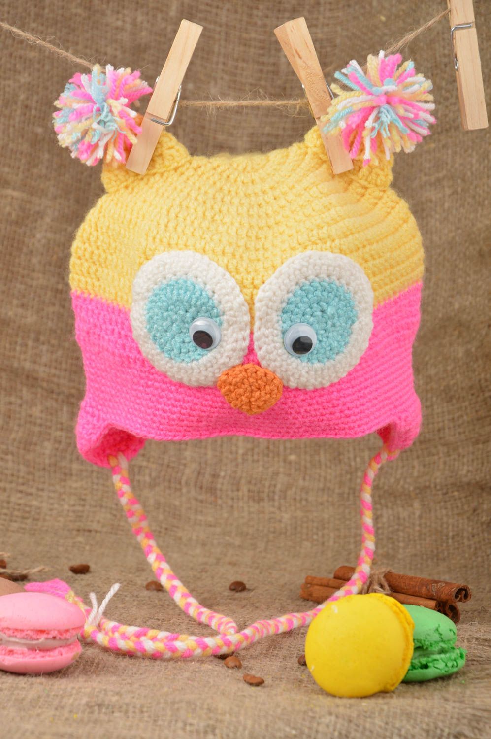 Designer unusual bright beautiful handmade cap woven in shape of owl for kids photo 1