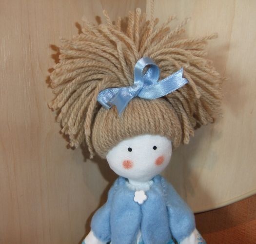 Handmade fabric doll in blue dress for gift photo 2