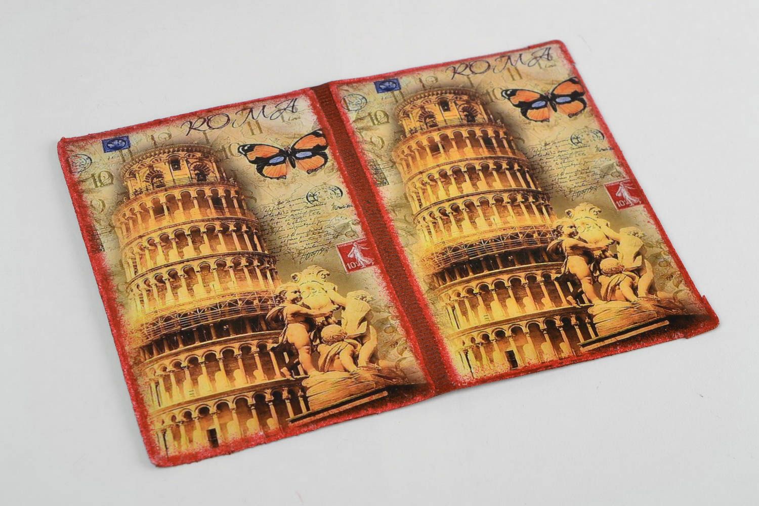 Étui pour passeport en faux cuir fait main avec image en serviettage Rome photo 3