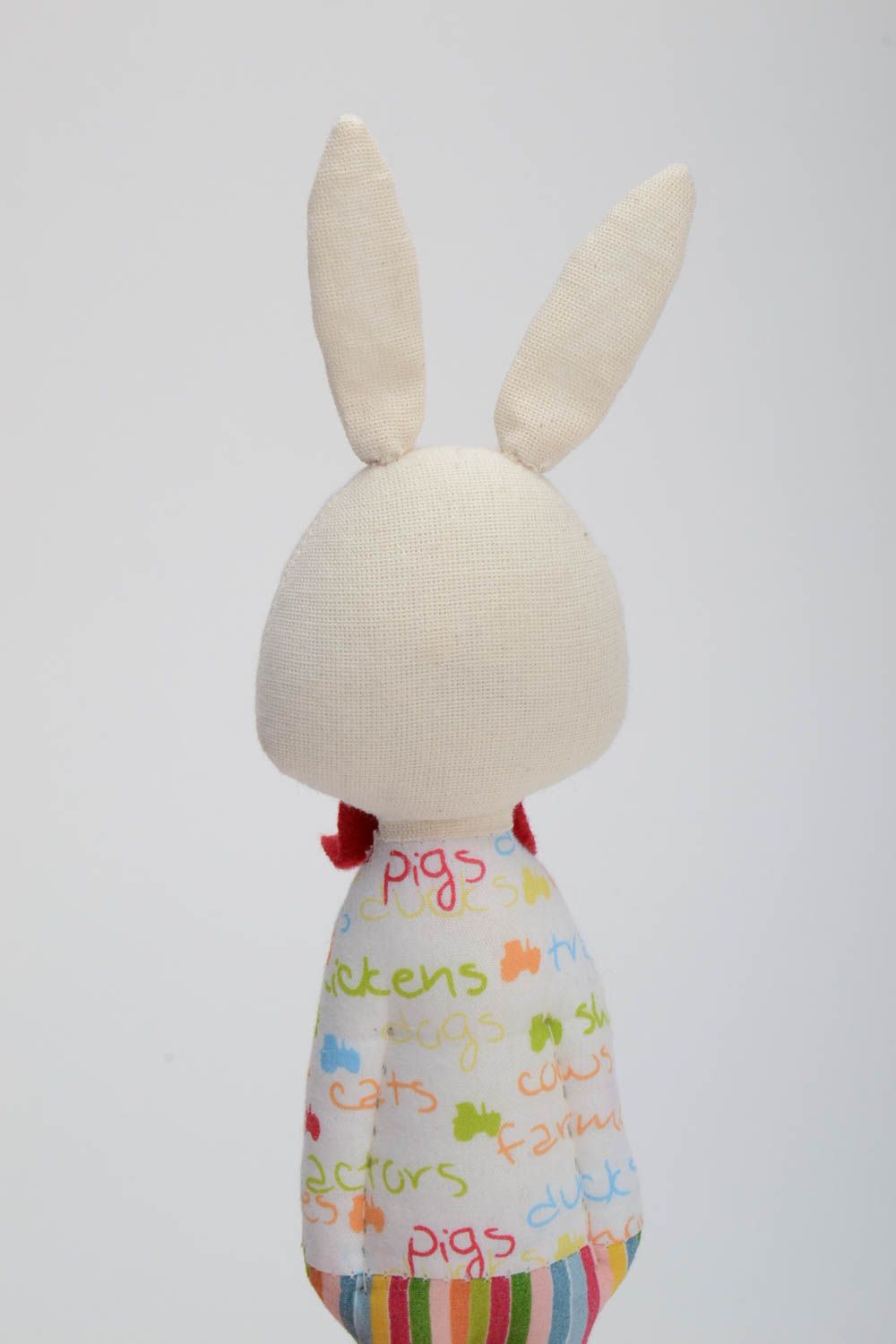 Handmade small cotton fabric soft toy rabbit in striped trousers with red bow tie photo 3
