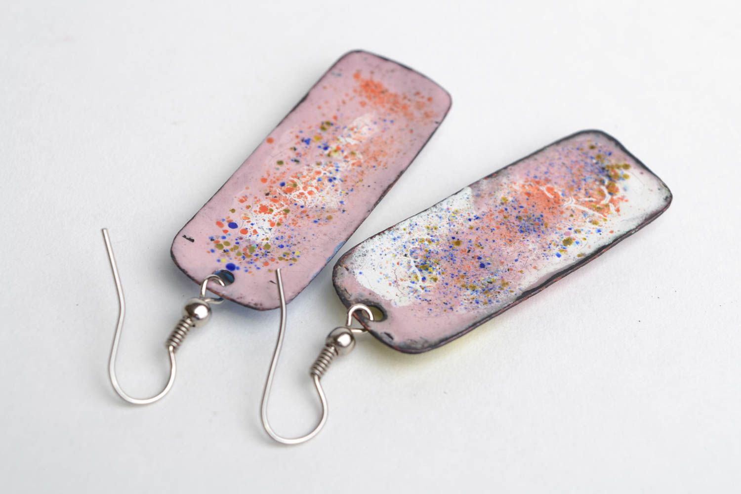 Long rectangular handmade copper dangling earrings painted with colorful enamel photo 5