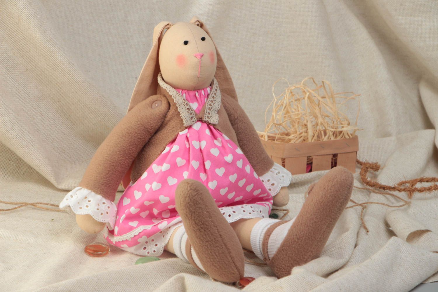 Handmade designer soft toy rabbit girl in pink dress with white hearts pattern photo 1