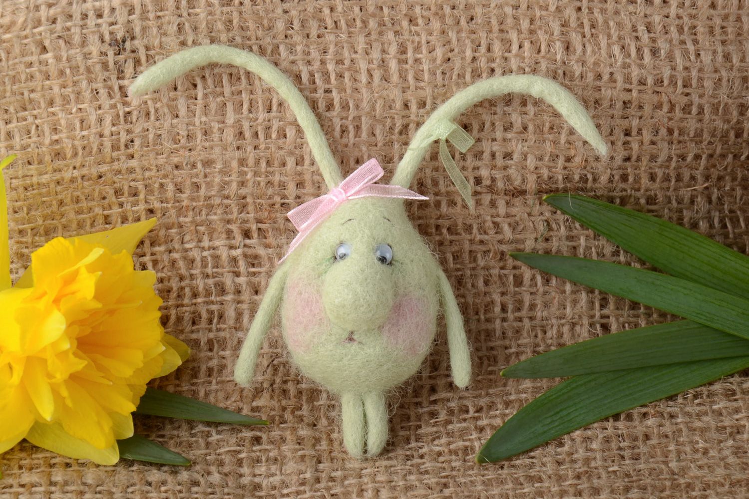 Handmade decorative fridge magnet pocket toy felted of natural wool white rabbit photo 1