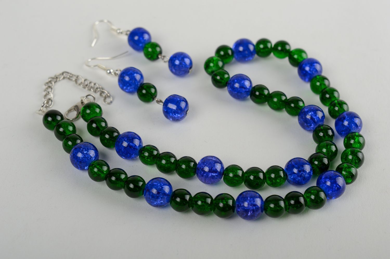 Parure de Bijoux perles verre fait main vert-bleu Collier et boucles d'oreilles photo 3