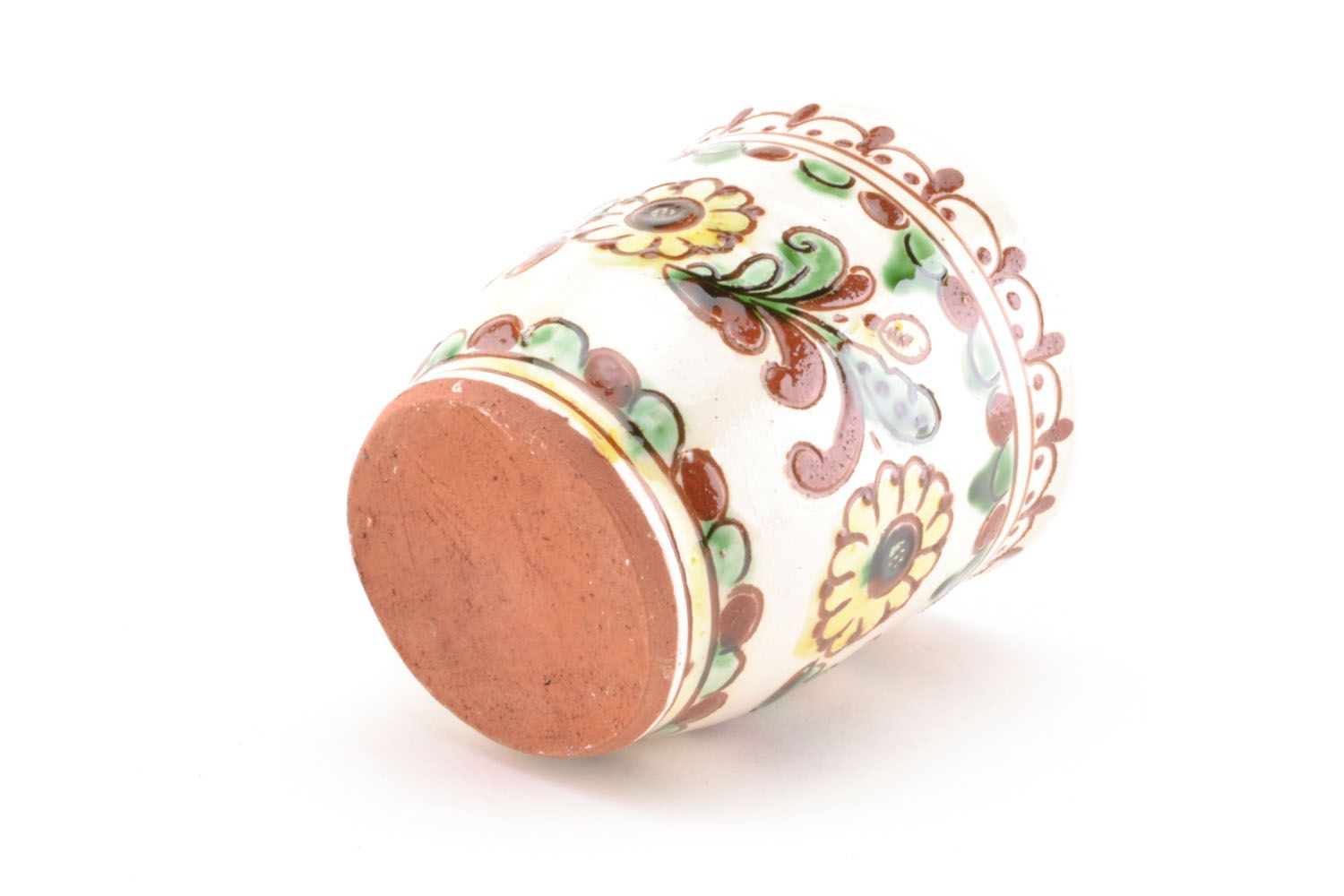 Decorative clay glazed cup in beige, cherry, and green colors with handle photo 5