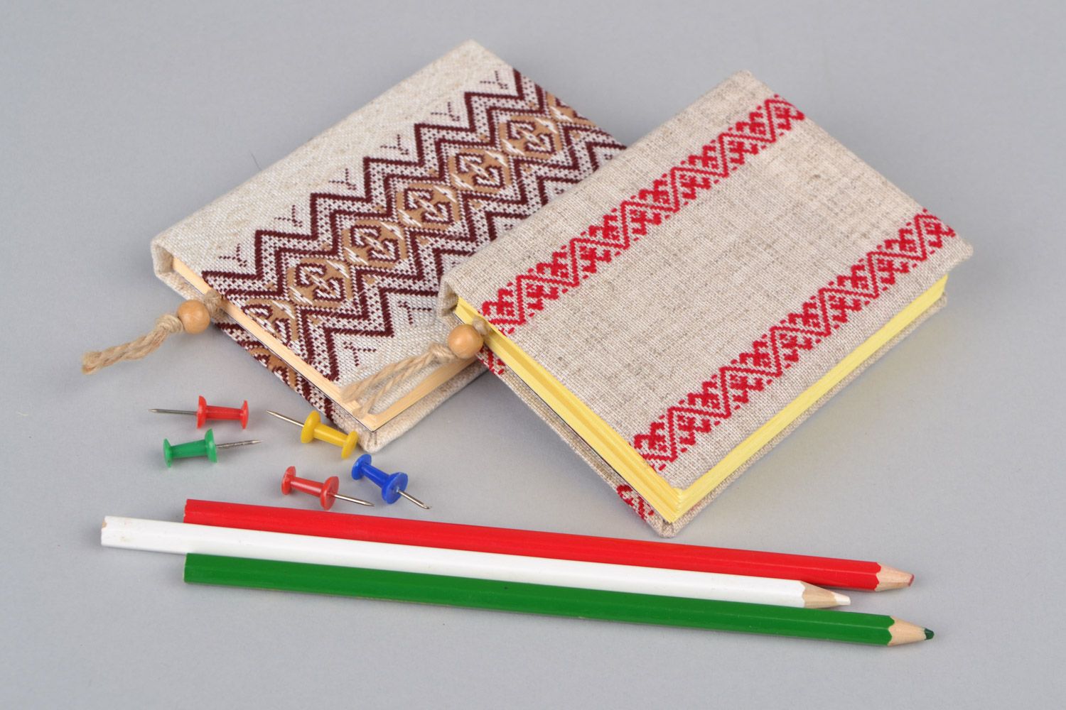 Set of 2 handmade notebooks with soft fabric covers in Ukrainian ethnic style photo 1