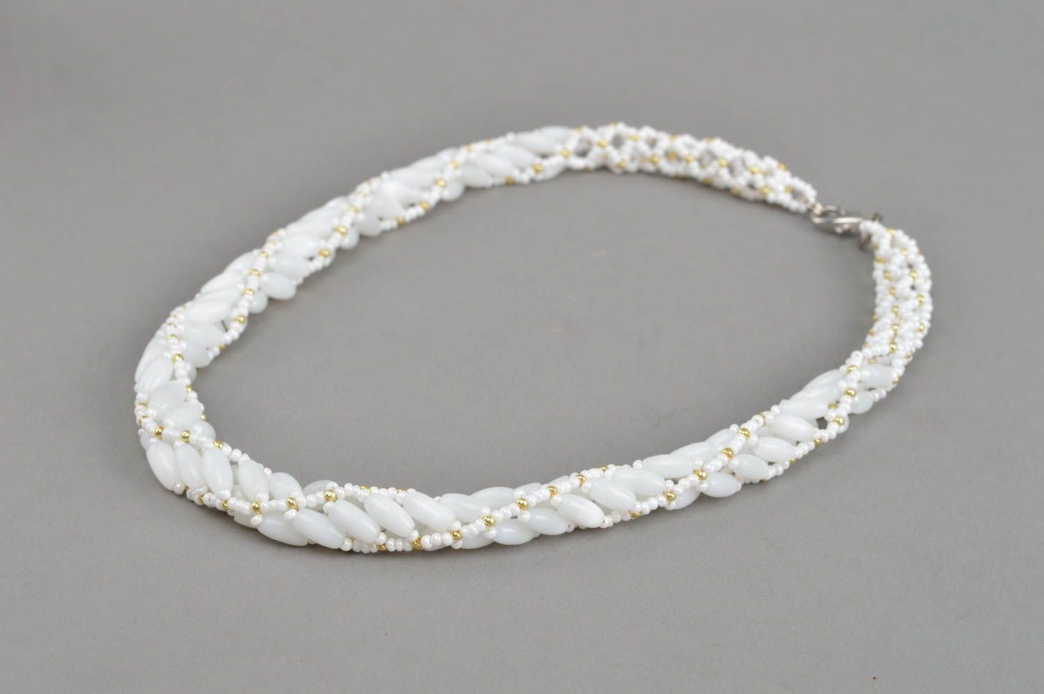 Glasperlen Collier mit Katzenauge in Weiß handgemacht Halskette Damen Schmuck foto 4