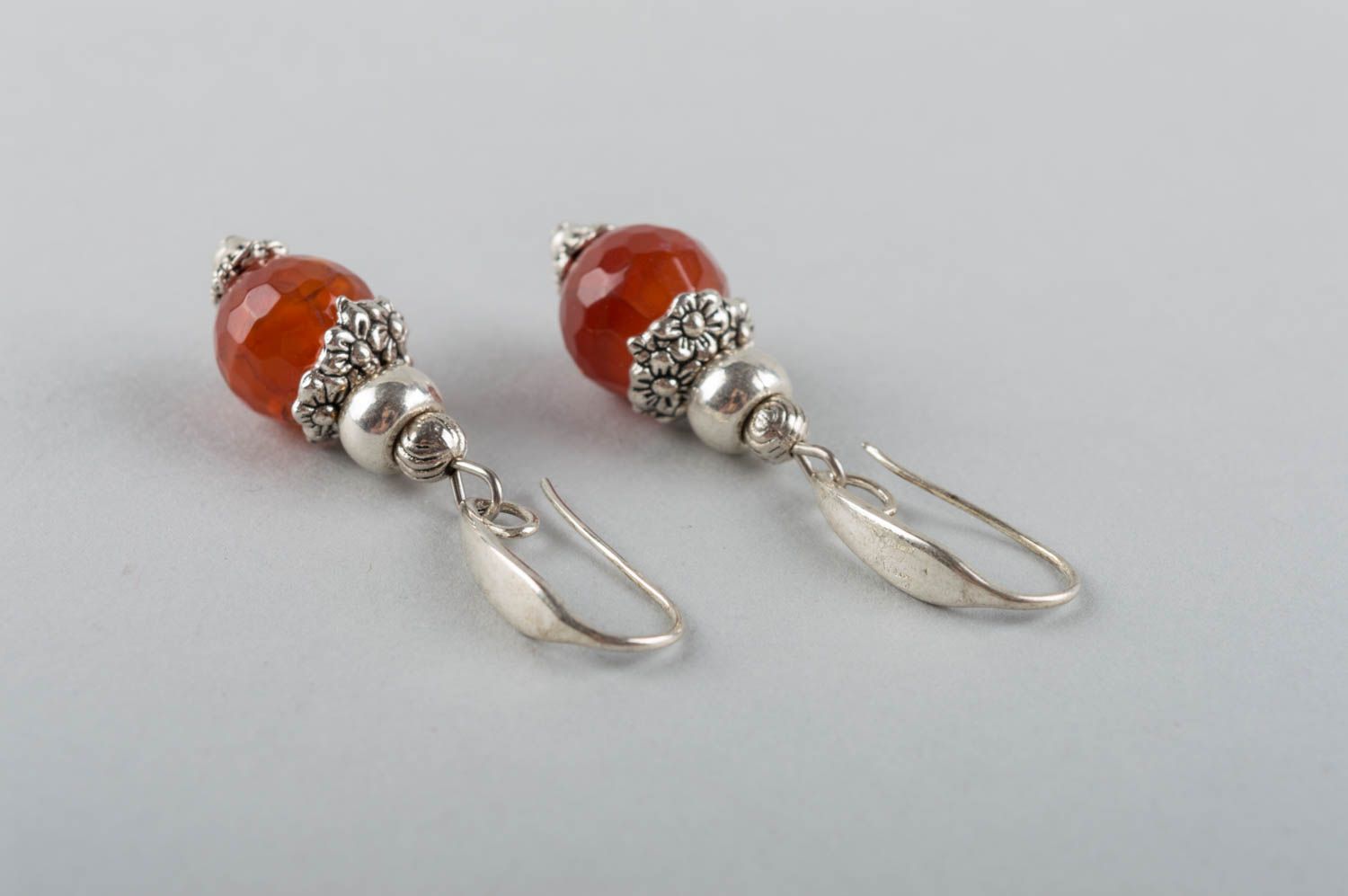 Designer handmade elegant dangling latten earrings with faceted agate beads photo 5