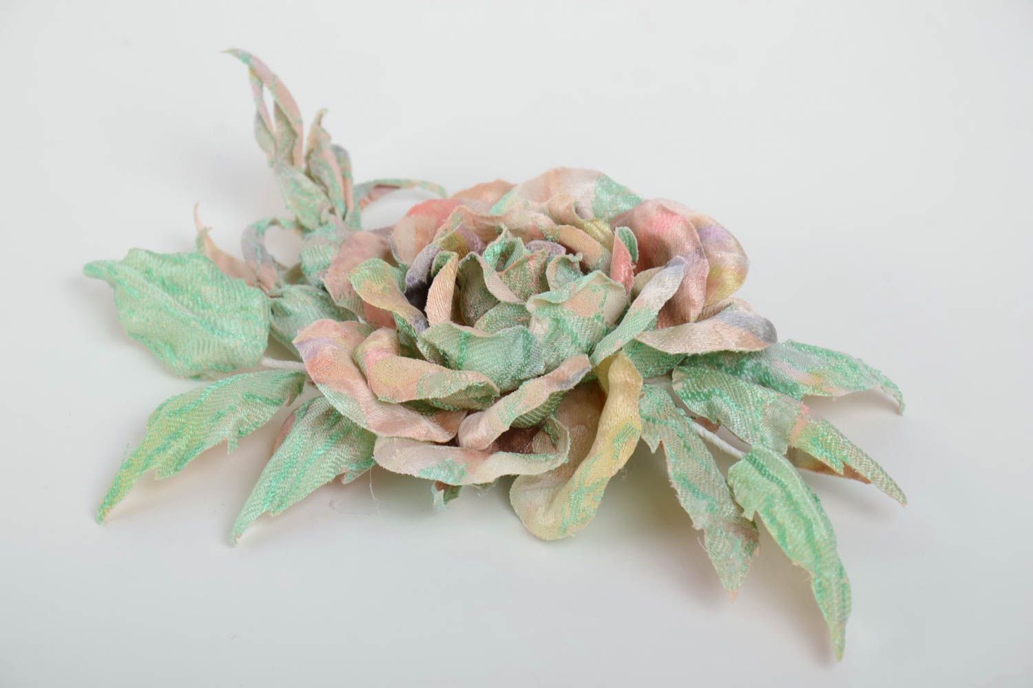 Handmade designer brooch with large volume fabric flower of pastel coloring photo 2